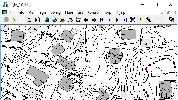 Utsnitt av kart i svart/hvitt i  kartprogrammet SOSI-vis