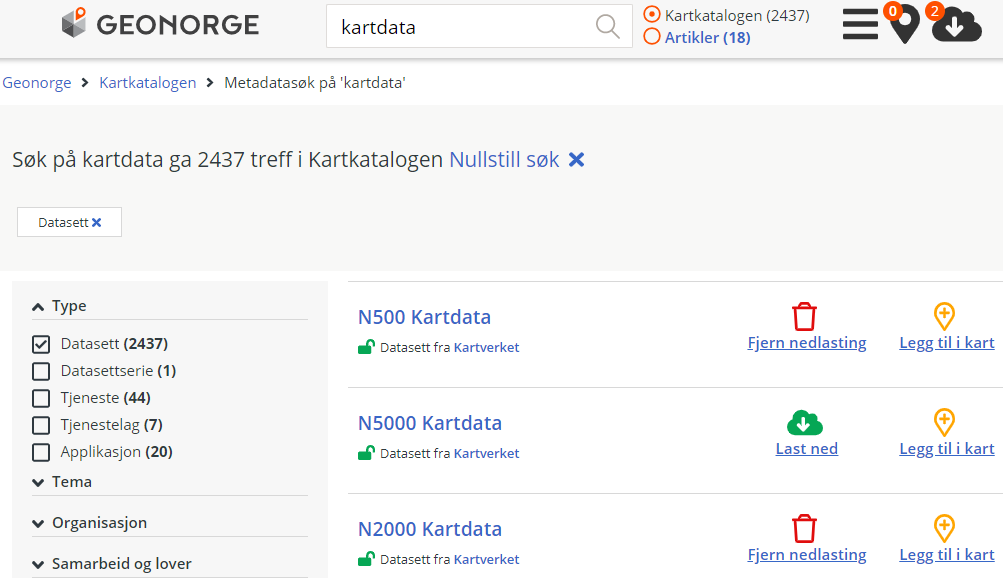 Søk i kartkatalogen for å finne ønskede datasett til å laste ned