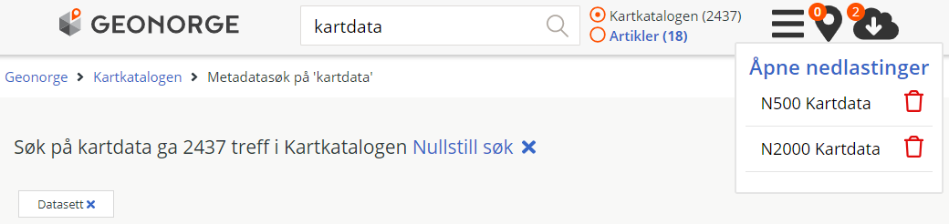 Kartkatalogen - viser hvordan en kan gå til nedlasting av valgte datasett