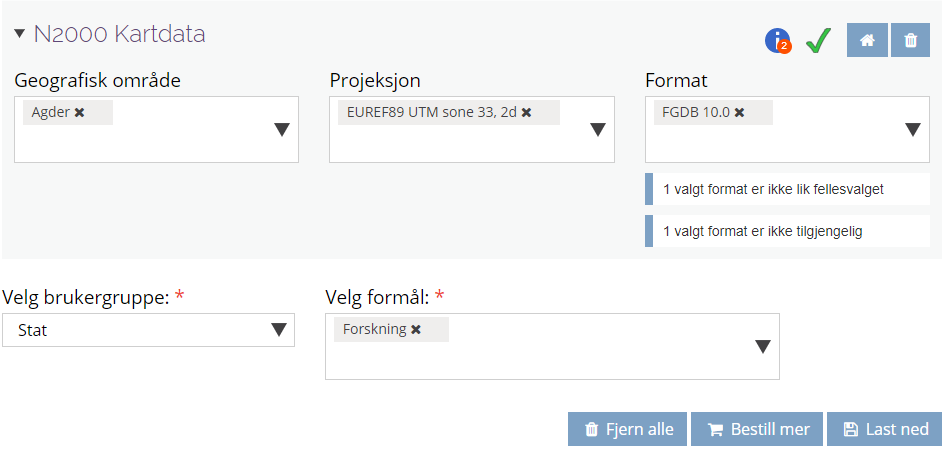 Utsnitt fra nedlastingsmodulen hvor alle valg unntatt ett er gyldig med tanke på nedlasting av filer