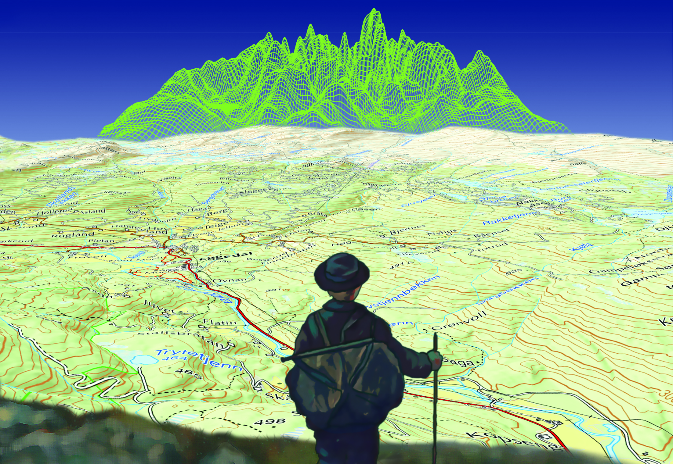 ALT SKJER ET STED: Hovedmålene i nasjonal geodatastrategi er et nasjonalt kunnskapsgrunnlag, felles teknologi for effektiv oppgaveløsning, godt samspill om data, rammebetingelser tilpasset det digitale samfunn. Illustrasjon: Kartverket