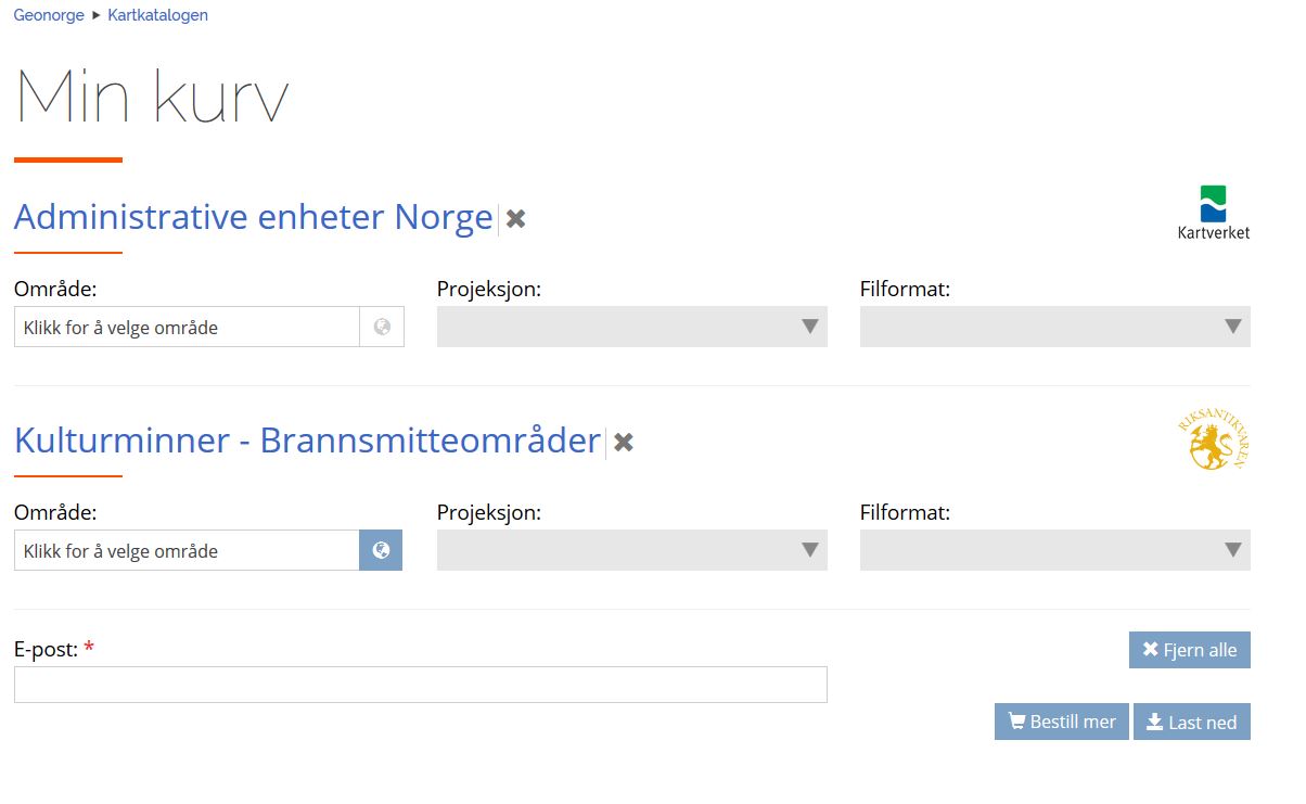 Datasettene som velges ut legger seg i handlekurven