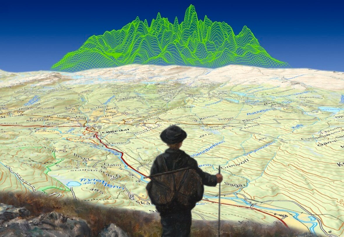 ALT SKJER ET STED: Hovedmålene i nasjonal geodatastrategi er et nasjonalt kunnskapsgrunnlag, felles teknologi for effektiv oppgaveløsning, godt samspill om data, rammebetingelser tilpasset det digitale samfunn. Illustrasjon: Kartverket